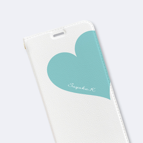 新作☆ターコイズブルーハートに名前が入れられるスマホケース Big Heart♡ターコイズブルー 手帳型ケース 名入れ文字入れ