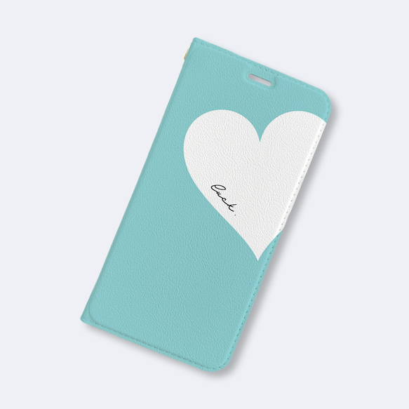 Big Heart♡ターコイズブルー　手帳型ケース  名入れ文字入れ スマホケース　iPhoneケース　ハート 2枚目の画像