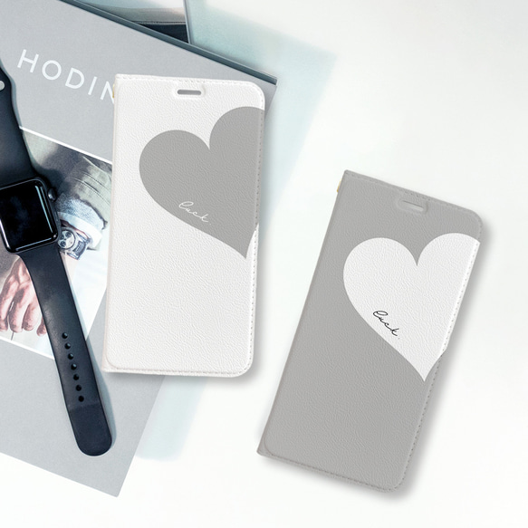 Big Heart♡Gray　　手帳型ケース　iPhoneケース　ハート　グレー　スマホケース 1枚目の画像