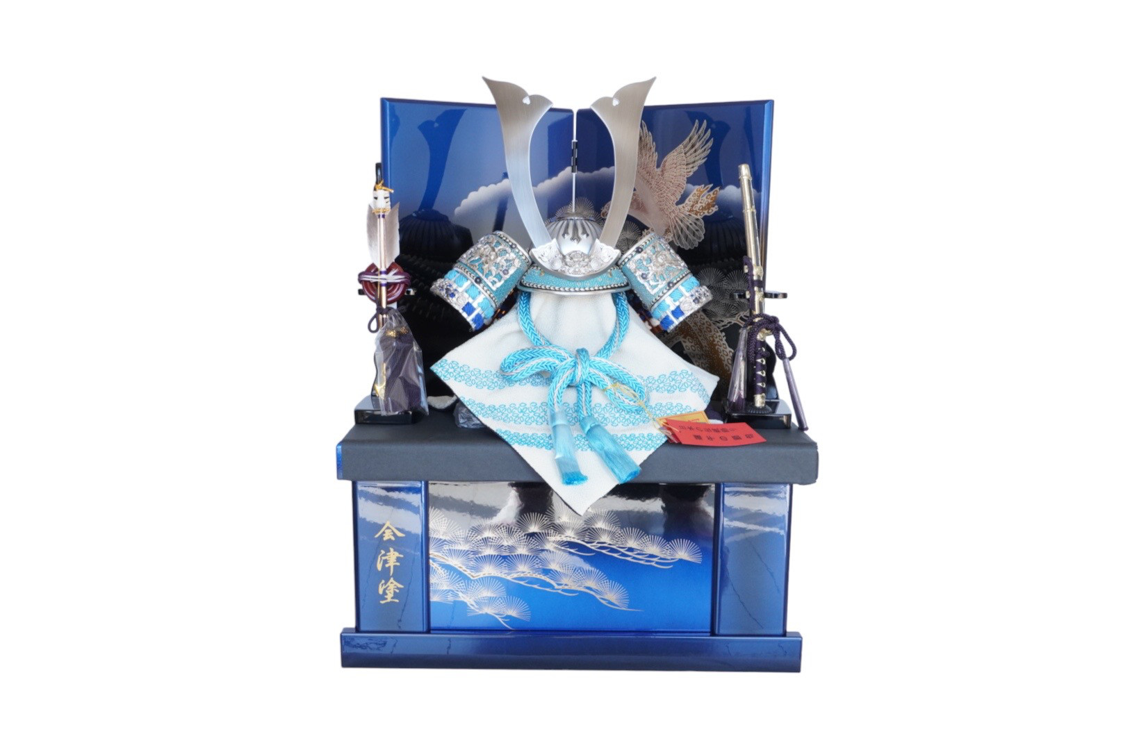 大人気の青色です！五月人形　蒼（あお）10号兜松鷹収納飾り