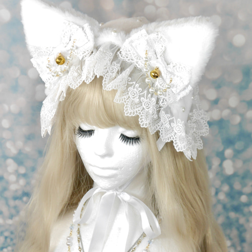 受注生産】《☥》猫耳ファーヘッドドレス (白) ヘッドドレス