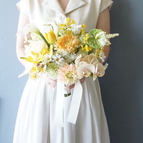 再販　イエロー　ホワイト　ピーチ　チューリップ　ウェディングブーケ　造花　結婚式 ブライダル ウエディングブーケ チューリップ ウェディング 造花 前
