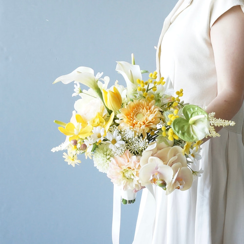 造花　ウェディングブーケ　イエロー ブーケ アーティフィシャルフラワー イエローウェディングブーケ