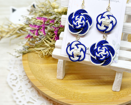 ฅ❤️ レジン　猫　ねこ　水引　梅結び　和柄　着物　ピアス　イヤリング 日本伝統】mizuhiki 猫ちゃんハロウィン ピアスorイヤリング *ご縁を