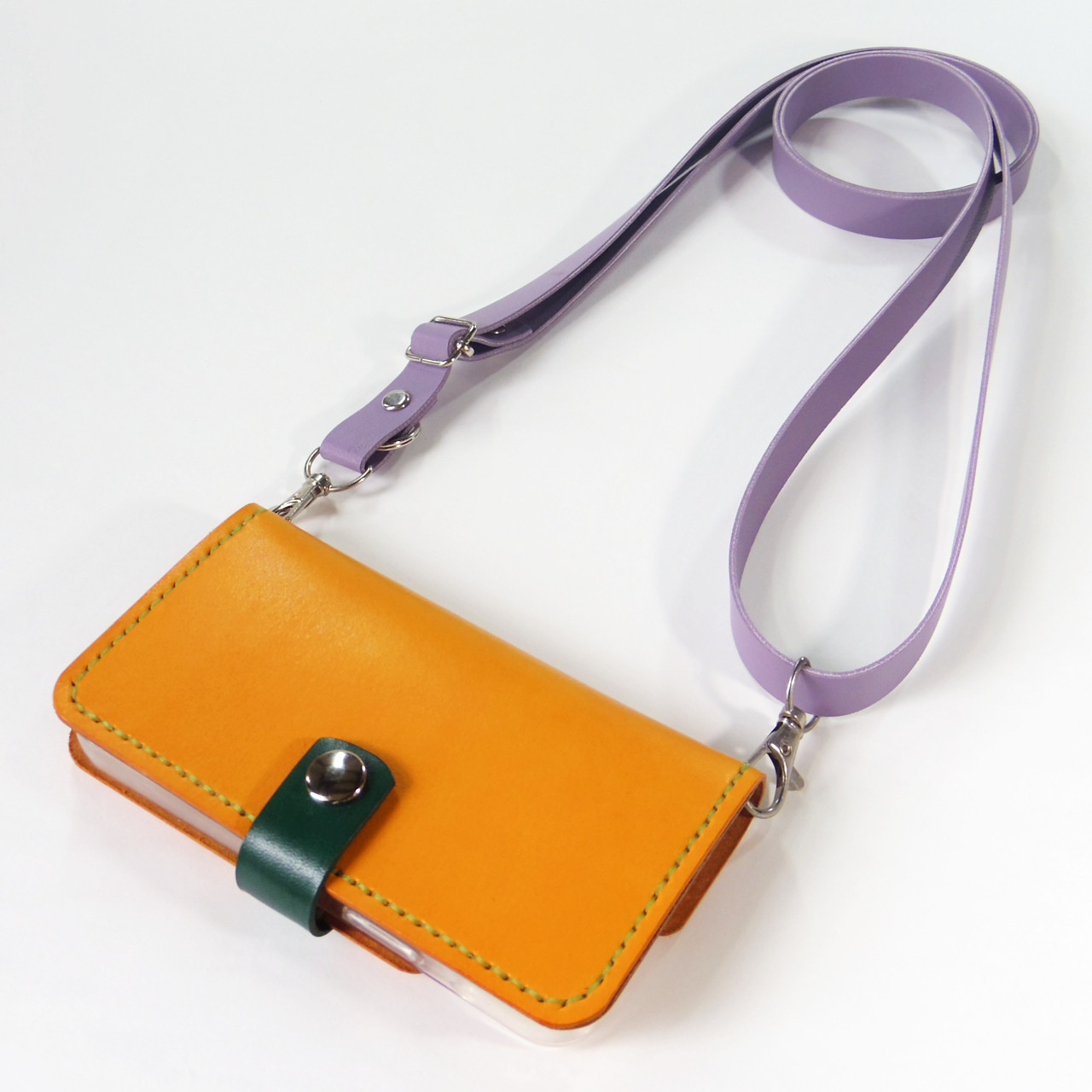 スナップボタン留め牛革レザーケースとショルダーストラップ iPhone,Android スマホケース オレンジ 橙色