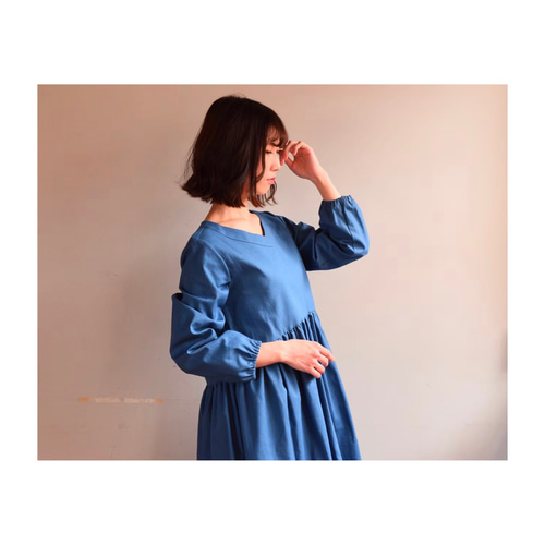 リネンワンピース／しっかりコットンリネンVネック切り替えギャザー  