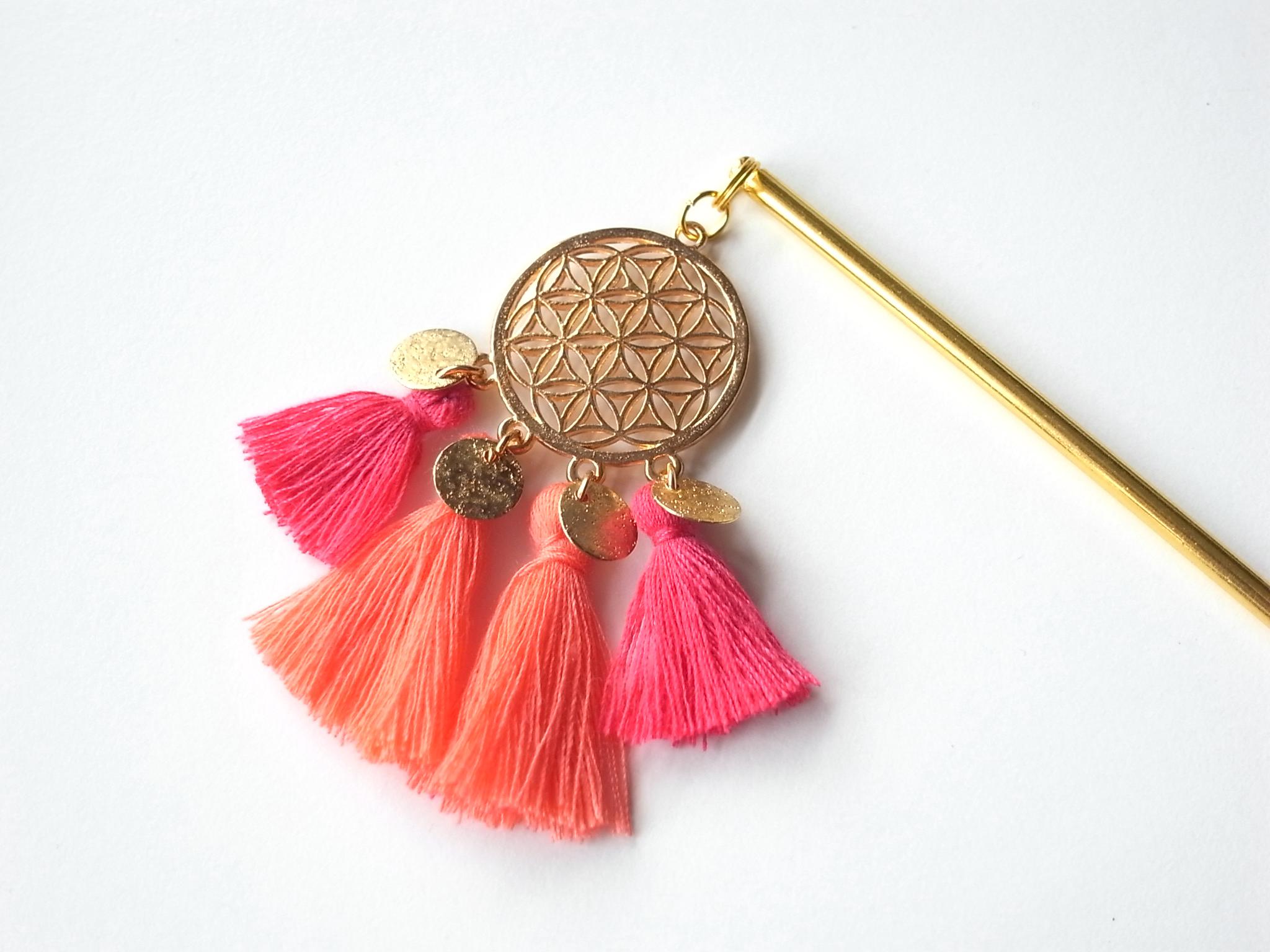 かんざし　和風フィグリーとピンクのタッセル　一本簪　一本挿し　涼しげ　春夏　ゴールド　桃色　桜　さくら　サクラ　0045