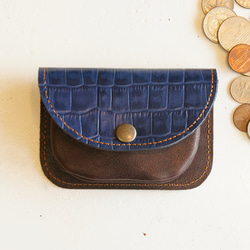 ミニ財布 本革製カードケース付き小銭入れ ワニ柄 ネイビー×ダークブラウン N007 紺色×こげ茶色 コンパクト財布 1枚目の画像