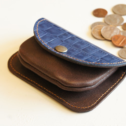 ミニ財布 本革製カードケース付き小銭入れ ワニ柄 ネイビー×ダークブラウン N007 紺色×こげ茶色 コンパクト財布 2枚目の画像
