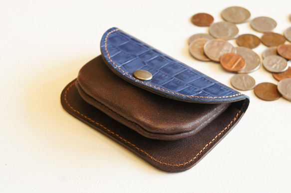 ミニ財布 本革製カードケース付き小銭入れ ワニ柄 ネイビー×ダークブラウン N007 紺色×こげ茶色 コンパクト財布 2枚目の画像
