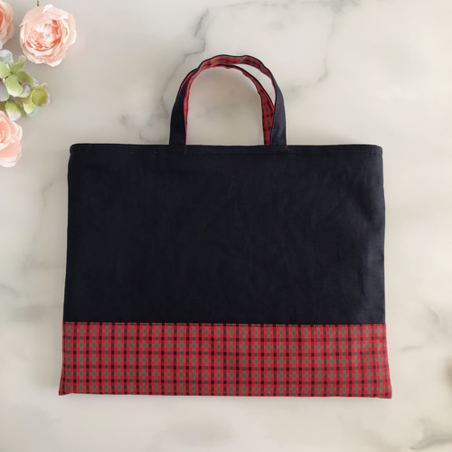 2点セット】レッスンバッグ・上履き袋・紺色・チェック・縦30cm横40cm