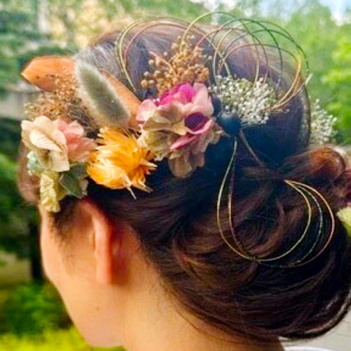 紫陽花とシルバーデイジーのヘッドドレス オレンジ 結婚式 ドライフラワー プリザ紫陽花とシルバーデイジー ヘッドドレス オレンジ 結婚式