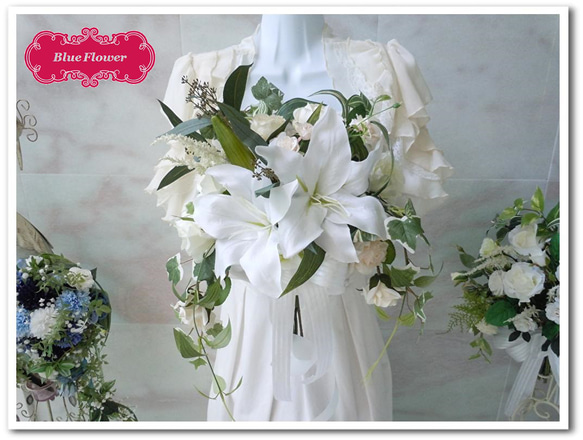 ◇カサブランカ&ローズのクラッチブーケ◇ホワイト＆グリーンの