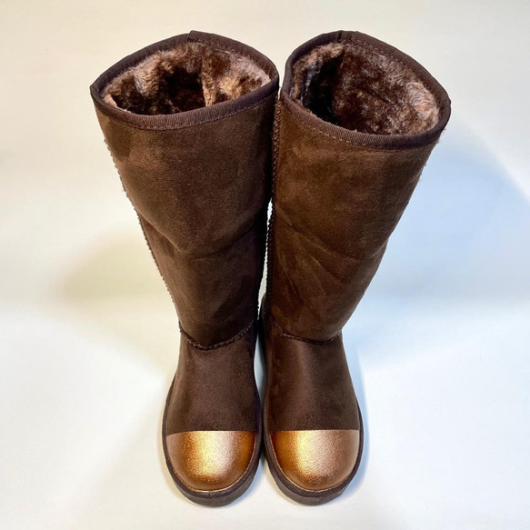 溫暖的羊毛皮雙色長蟒蛇皮靴（深棕色 x 青銅） S/M/L 尺寸 第1張的照片