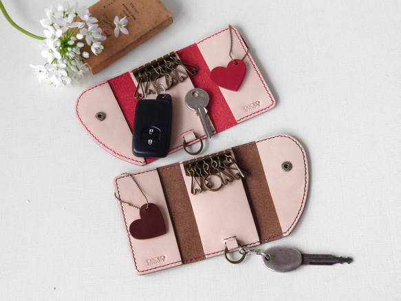 《特集掲載》【刻印サービス】ハートペアキーケース（チョコ革＆赤革）＆ハートチャーム【結婚・記念日祝】※袋ラッピング無料 5枚目の画像