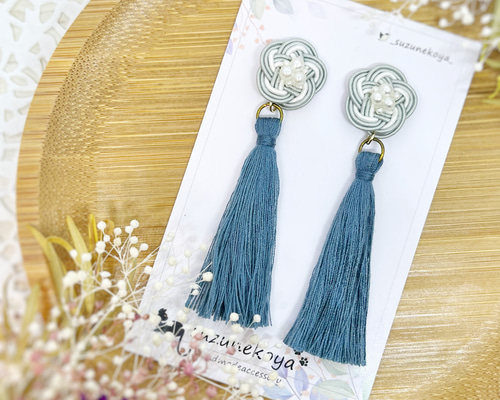 ☆❤️ 水引　水引き　タッセル　ピアス　イヤリング　洋装　和装　着物　梅結び 和風】梅結びとタッセルのピアス（イヤリング）（色オーダー可