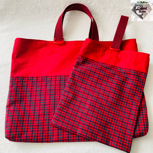 入学準備品　ファミリア赤チェック　レッスンバッグ　着替え入れ　上履き入れ　マット 入学準備品ファミリア赤チェックレッスンバッグ着替え入れ上履き入れマット