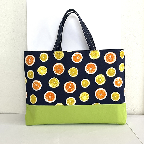 フレッシュ  オレンジ レモン レッスンバッグ　30×40 内ポケット　黄緑切替 12枚目の画像