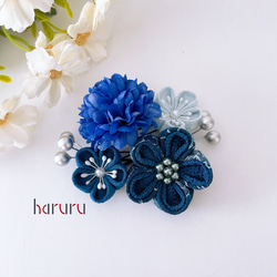 【HAru*】つまみ細工 髪飾り 成人式 七五三 青 白 レース041501 つまみ細工 髪飾り 白 青碧 成人式 卒業式 結婚式 七五三 753