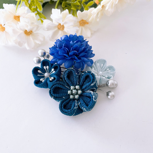 大人可愛いつまみ細工の髪飾り【藍色 ネイビーセット】成人式 振袖
