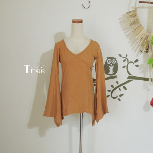 【SALE】asana カシュクール風 フレアースリーブトップ●草木染めツリー asana カシュクール風 フレアースリーブトップ○草木染めツリー 【公式
