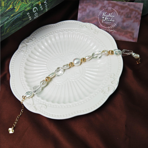 BR01《巴西白水晶》〈大地之母〉消磁款巴西水晶天然珍珠14k包金 珍珠手鍊 第6張的照片