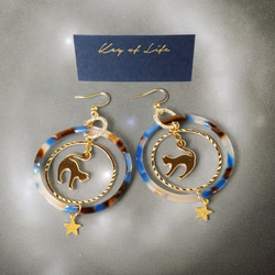 Key of Life★猫の宇宙旅行★サージカルステンレスピアス/イヤリング ブルー×ブラウン 大ぶり フープ ねこ 6枚目の画像