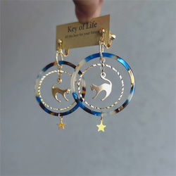 Key of Life★猫の宇宙旅行★サージカルステンレスピアス/イヤリング ブルー×ブラウン 大ぶり フープ ねこ 2枚目の画像