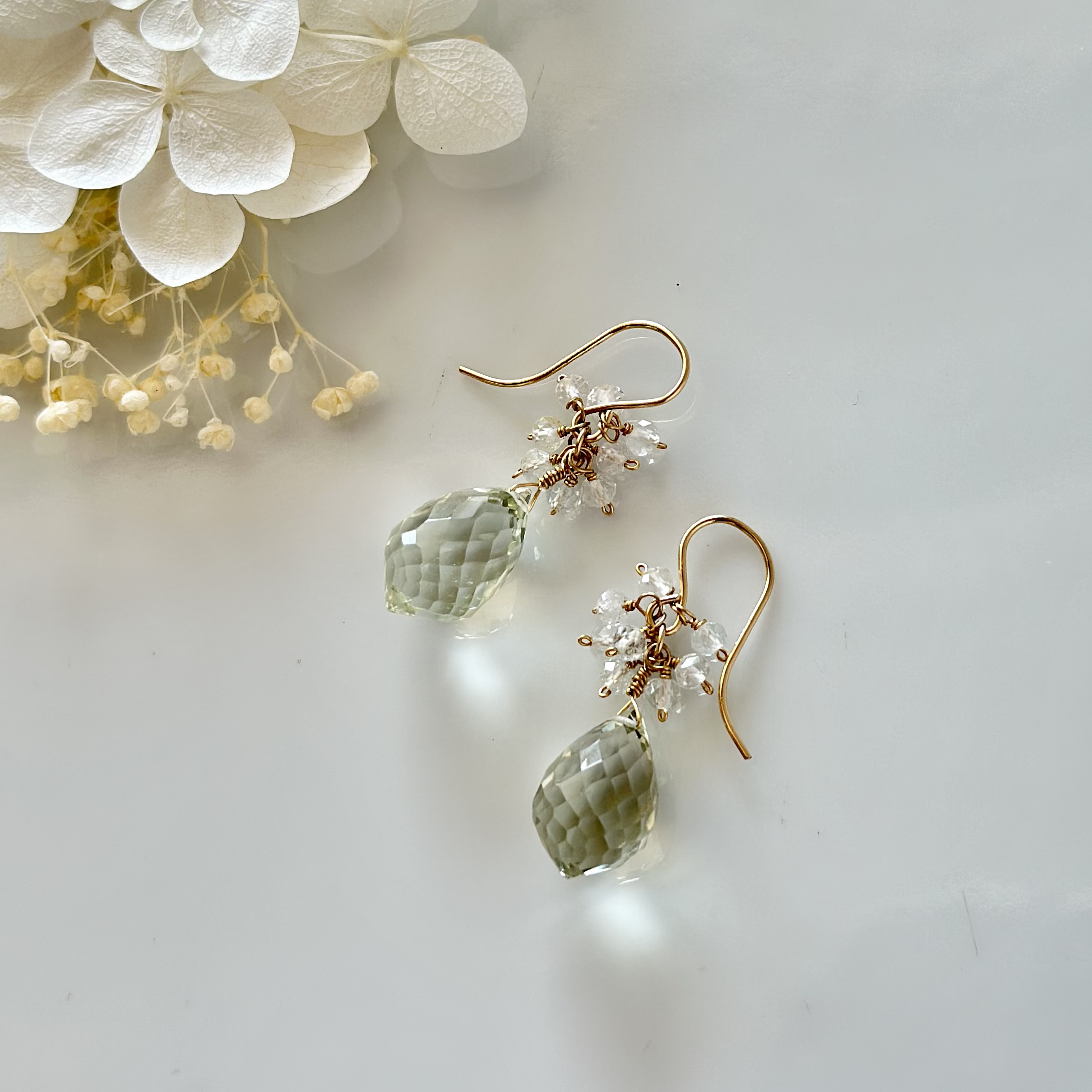 petit bouquet〜花束〜　宝石質AAA・グリーンアメジスト&ホワイトトパーズのK14gfピアス／イヤリング