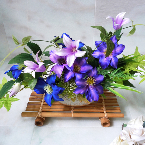 お供え花 仏花 法事 クレマチスお花のみ一対 造花 ピンク&ブルーの