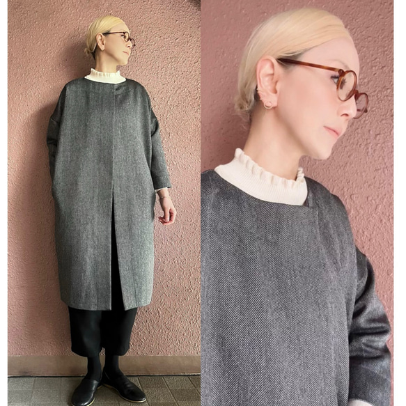 RATA❤️祖父母和入學考試❤️簡約休閒外套，輪廓優美❤️灰色人字形材料 第1張的照片