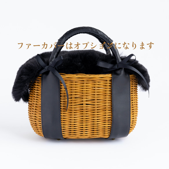 長方形型かごバッグ（本体ブラウン×ベルト茶）　内袋付かごバック　　ファー　かごバッグ　名入れオプションあり　刺繍オプショ 3枚目の画像