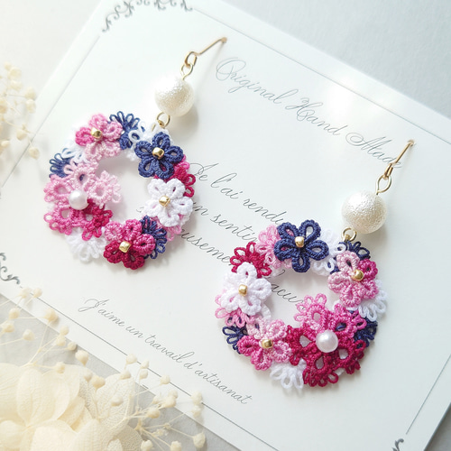 タティングレース フラワーリース ピアス ワインレッド/お花の