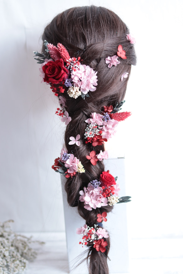 【カラーオーダーＯＫ】バラ&小花のナチュラルヘッドドレス＊プリザーブドフラワー&ドライフラワー 2枚目の画像
