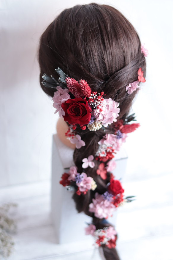【カラーオーダーＯＫ】バラ&小花のナチュラルヘッドドレス＊プリザーブドフラワー&ドライフラワー 6枚目の画像