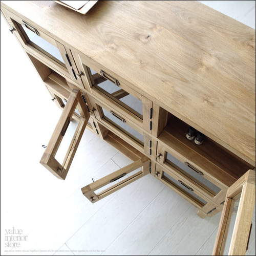 チーク総無垢材 ガラスケースロッカーN 食器棚 下駄箱 収納庫 ショー