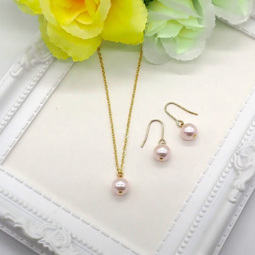 一粒パールネックレス＆ピアス／イヤリングセット【パウダーピンク 