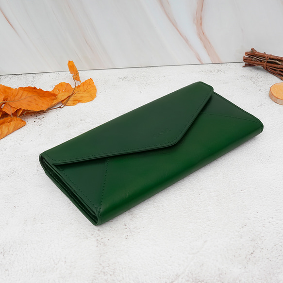 【OMC】義大利植鞣革信封式三折牛皮長夾(95115綠色) 第3張的照片