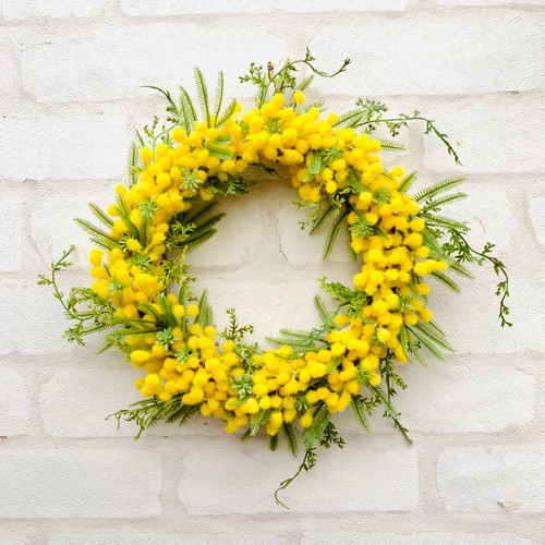 ミモザリース 、春リース、春を告げるリース 造花 23㎝ 黄色 母の日