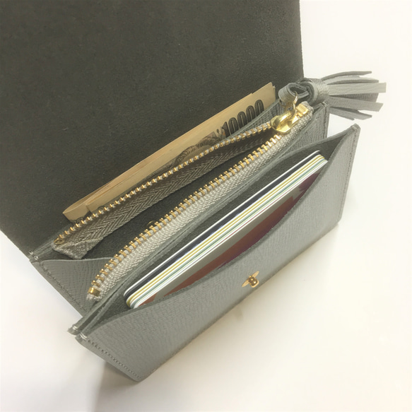 可愛い　コンパクト財布　アコーデオン　大容量　ペールグレー型押し　ミニ財布　タッセル 2枚目の画像