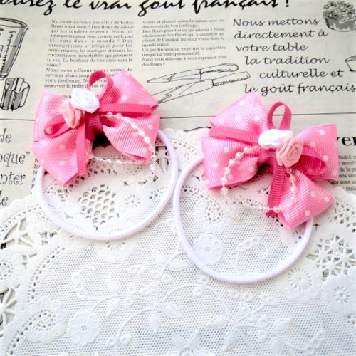 ☆ りぼん ヘアゴム ピンク 水玉 バラ ダブルリボン キッズ リボン  