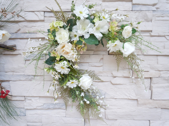 フレンチリース ◇ホワイト＆グリーンのフレッシュリース◇ナチュラルリース ハーフ