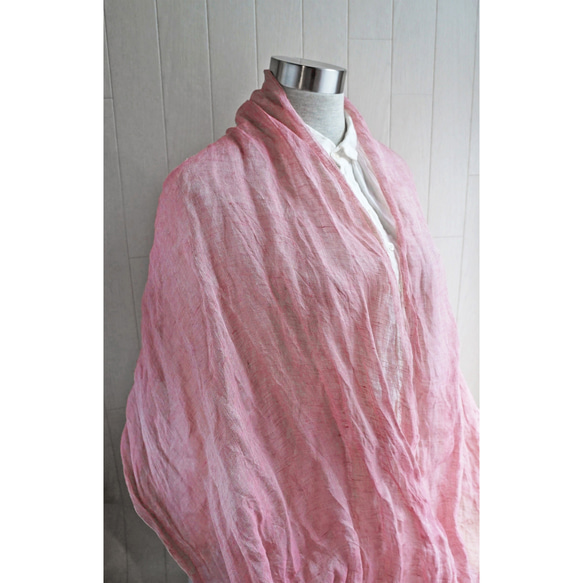 ＜受注制作＞Decoオリジナル　上質リネン・シングルガーゼのストール　バラ色ピンク×亜麻色 5枚目の画像