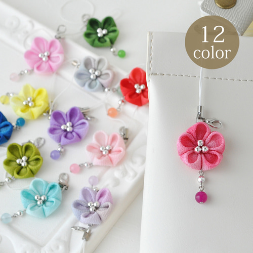 12color】ぼかし梅と天然石の雫【和風ストラップ（つまみ細工