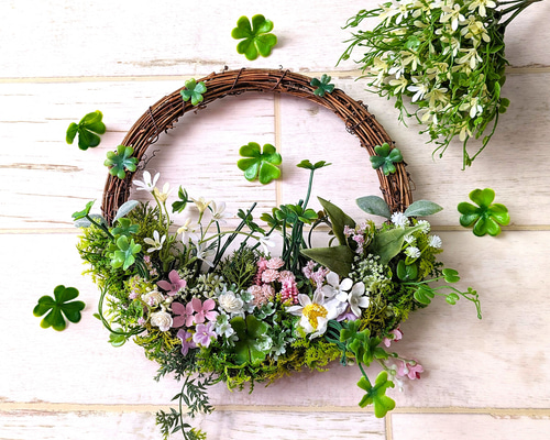 玄関ドアリース 春の野に咲く花 母の日、お誕生日プレゼントに