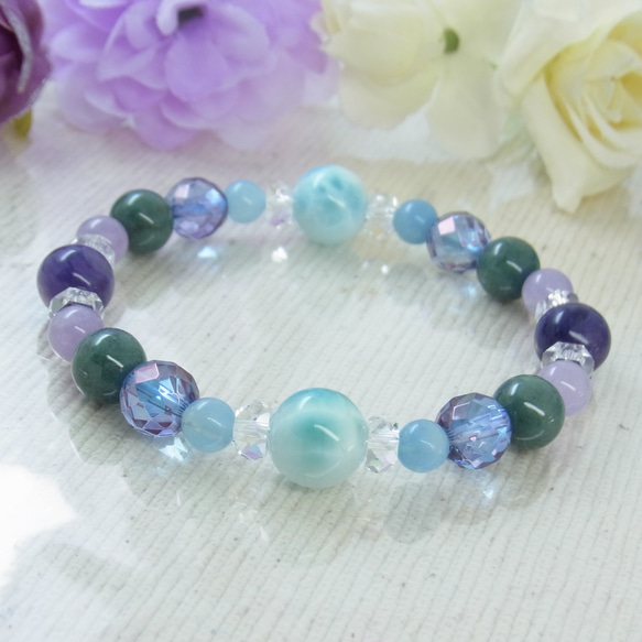 ラリマー×コットンインクリュージョン×ラベンダーアメジストデザインブレスレット ラリマー×コットンインクリュージョン×ラベンダーアメジストデザイン