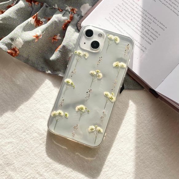 かすみ草ライン 全機種対応 押し花スマホケース iphoneケース