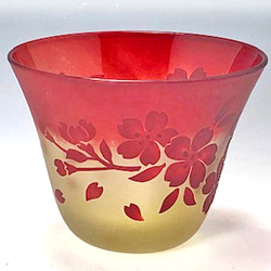 季節のぐい呑み「桜」赤とアンバー色の綺麗なグラスです 3枚目の画像