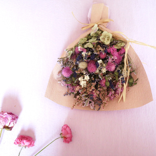 野の花スワッグ・ピンク・20センチミニサイズ ドライフラワー