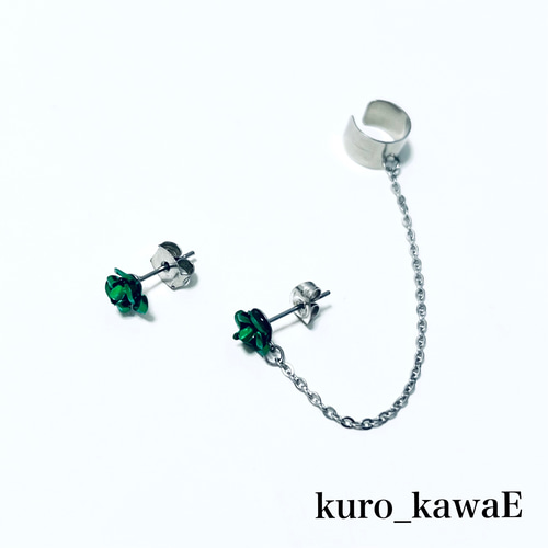両耳用-薔薇のチェーンピアス / イヤリング フェイクピアス ノンホール